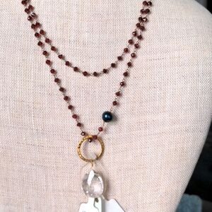 NWT 36 " long Garnet, Quartz crystal, vermeil necklace.  Wire wrapped.  Faceted